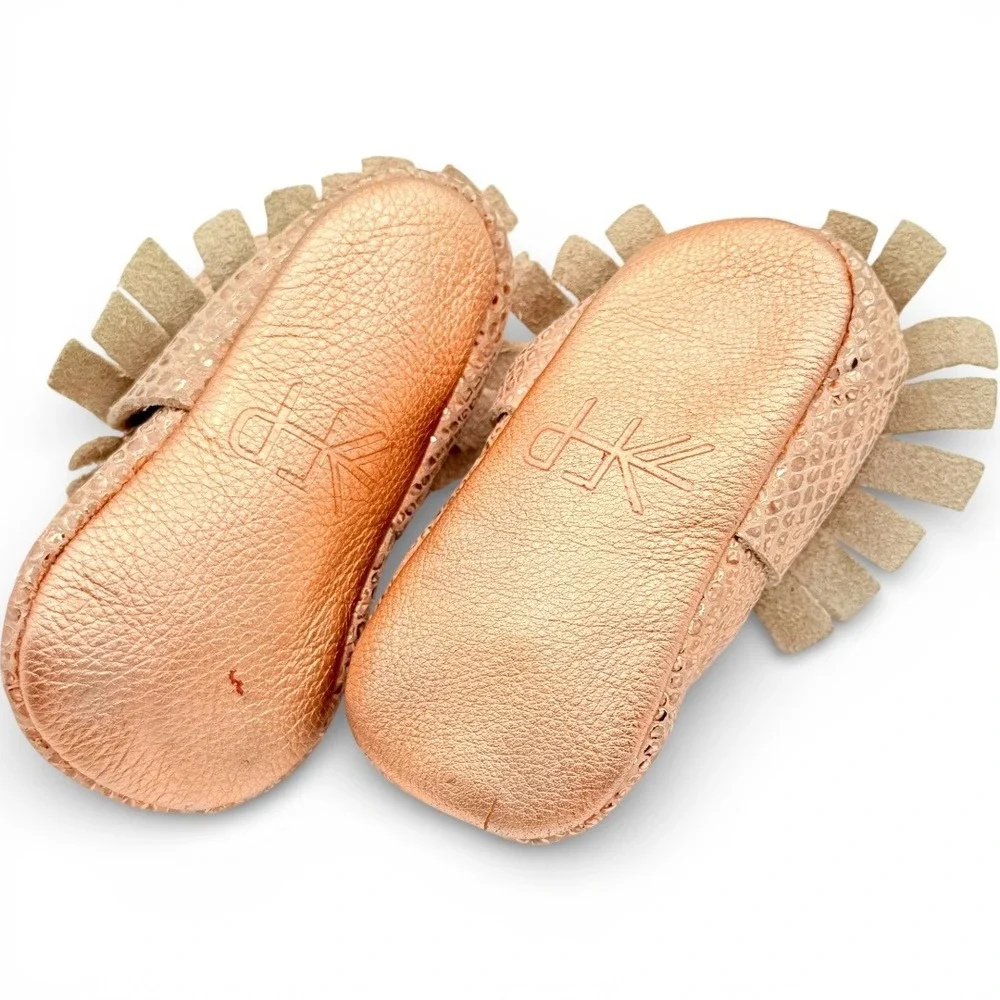 Freshly Picked Rose Gold Leather Baby Classic Moccasin Fringe Soft Sole 4 Luxury